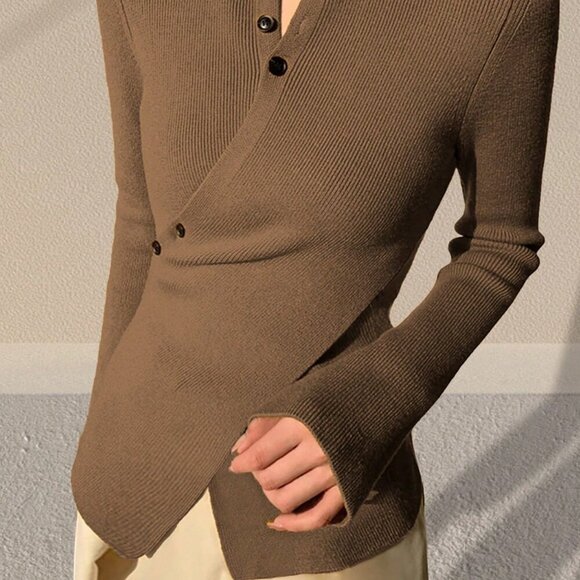 Coffee Brown Casual Women's Cross Design Long Sleeve Asymmetric Knitted Sweater - Picture 3 of 3